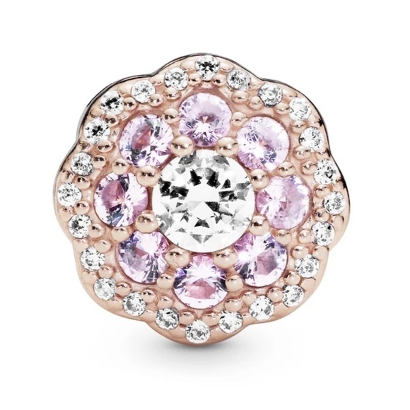 New Pandora Flower 14K Rose Gold Plated Charm Pink Crystal Clear Cubic Zirconia - Picture 2 of 10